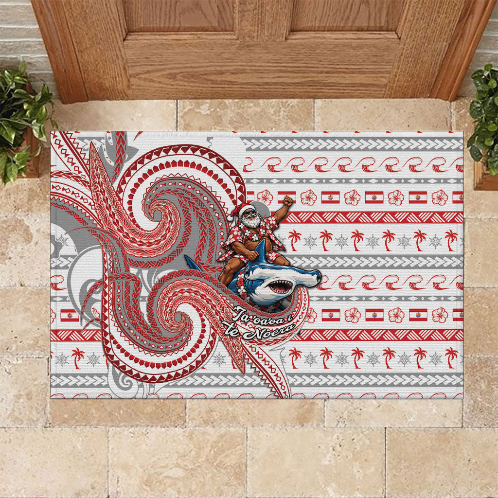 French Polynesian Christmas Rubber Doormat Santa Riding Hammerhead Shark Tahitian DT05 White - Polynesian Pride