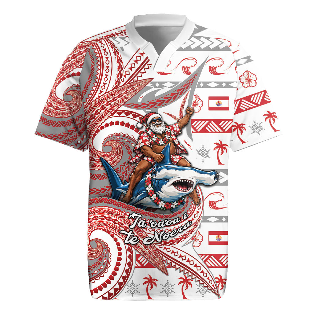 French Polynesian Christmas Rugby Jersey Santa Riding Hammerhead Shark Tahitian DT05 White - Polynesian Pride
