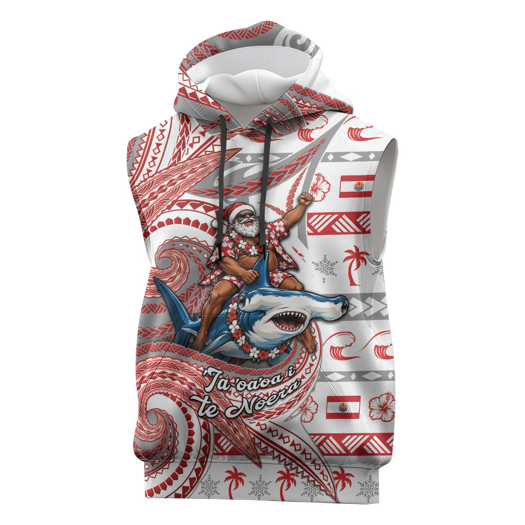 French Polynesian Christmas Sleeveless Hoodie Santa Riding Hammerhead Shark Tahitian DT05 White - Polynesian Pride
