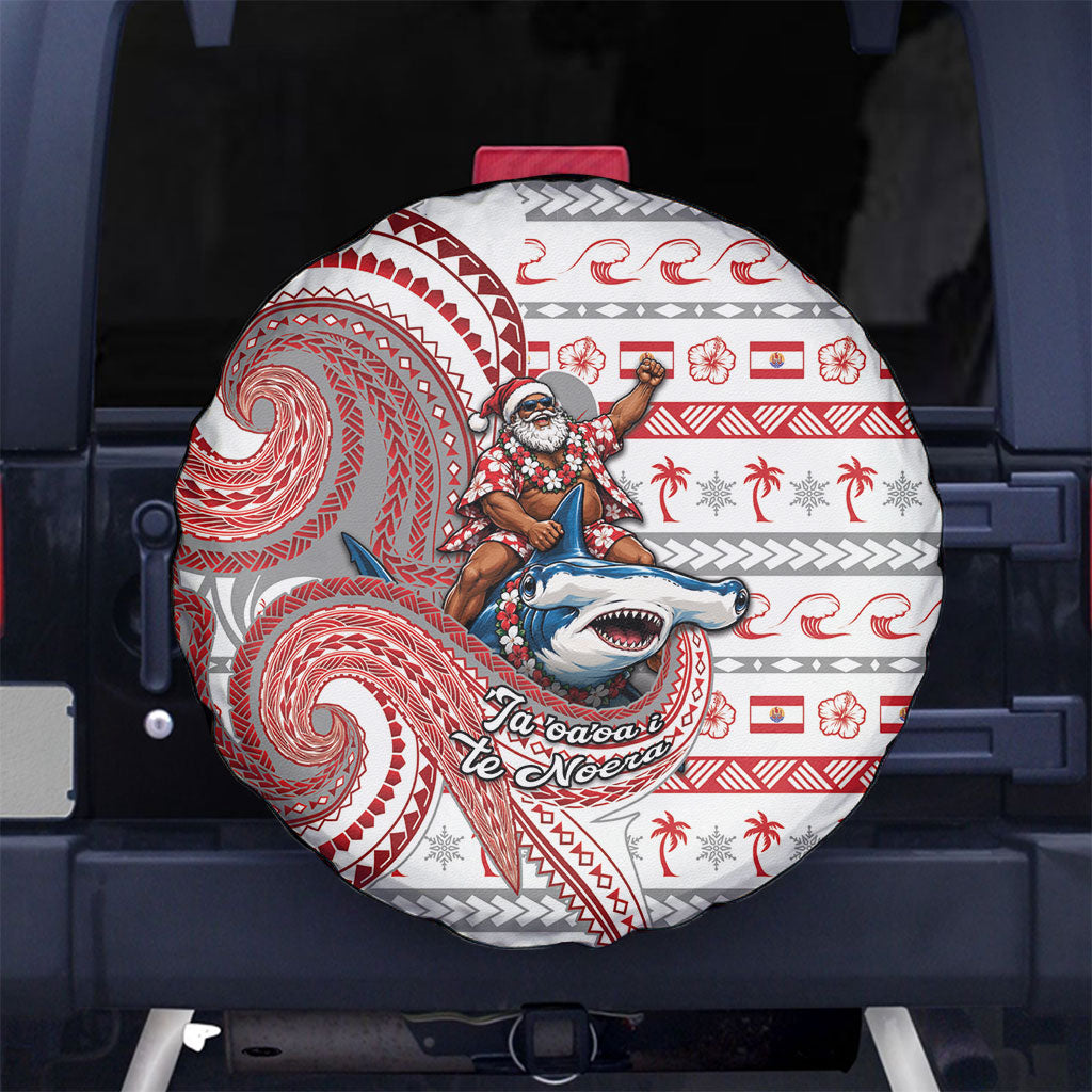 French Polynesian Christmas Spare Tire Cover Santa Riding Hammerhead Shark Tahitian DT05 No hole White - Polynesian Pride