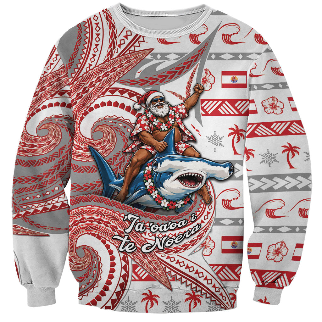 French Polynesian Christmas Sweatshirt Santa Riding Hammerhead Shark Tahitian DT05 Unisex White - Polynesian Pride
