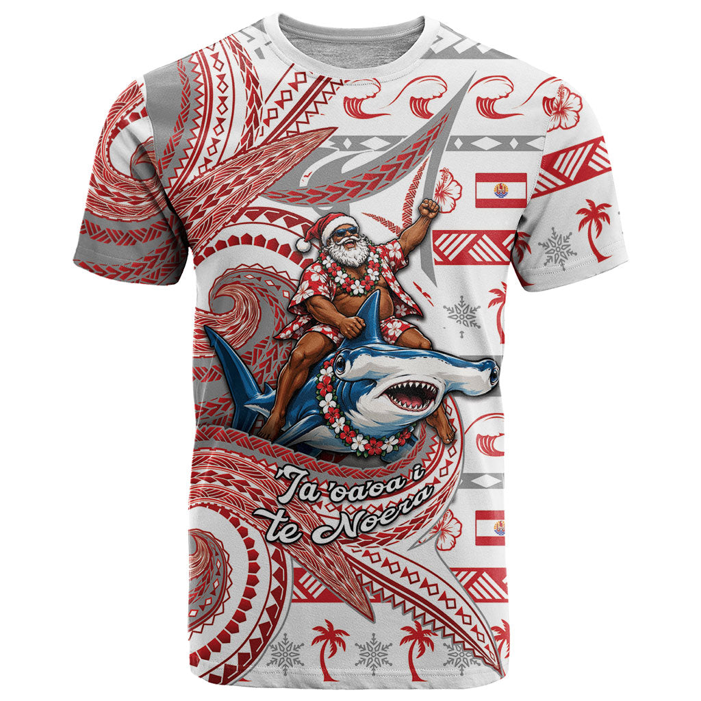 French Polynesian Christmas T Shirt Santa Riding Hammerhead Shark Tahitian DT05 White - Polynesian Pride