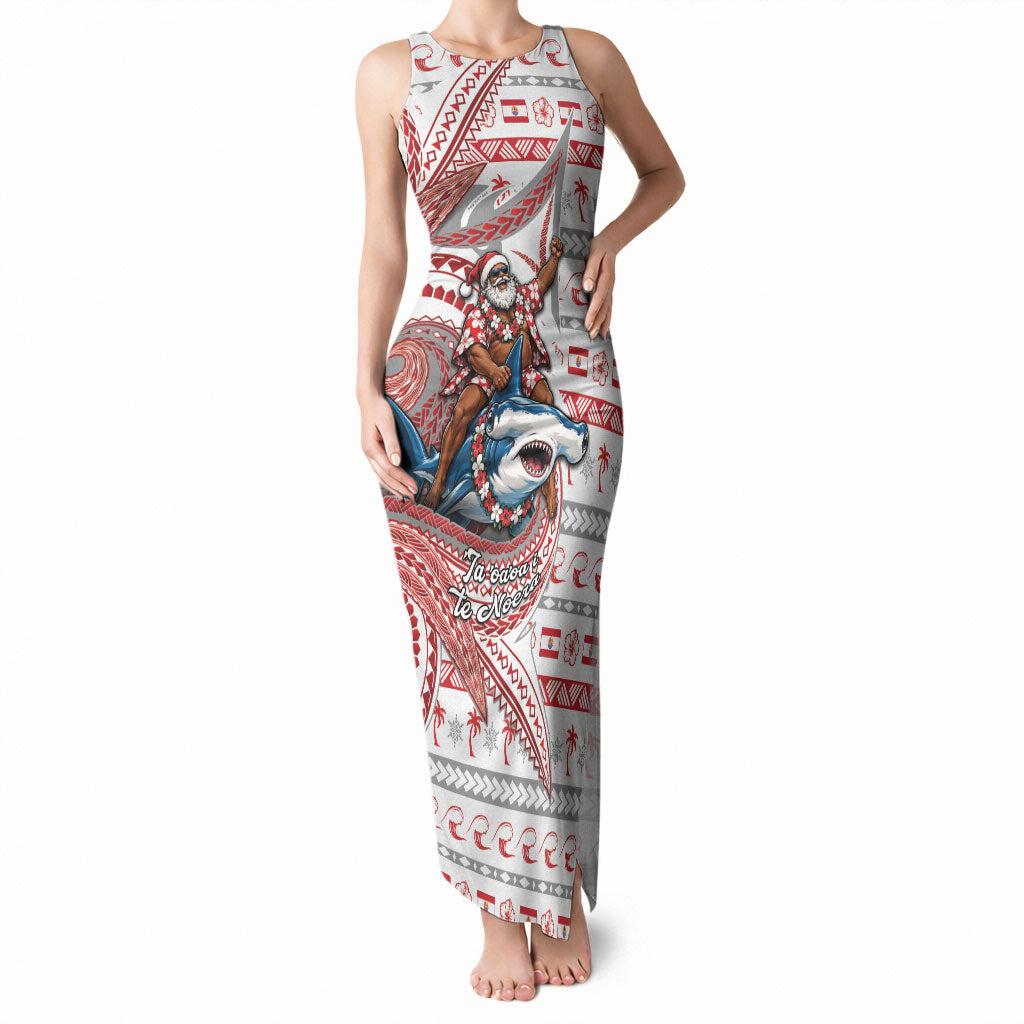 French Polynesian Christmas Tank Maxi Dress Santa Riding Hammerhead Shark Tahitian DT05 Women White - Polynesian Pride