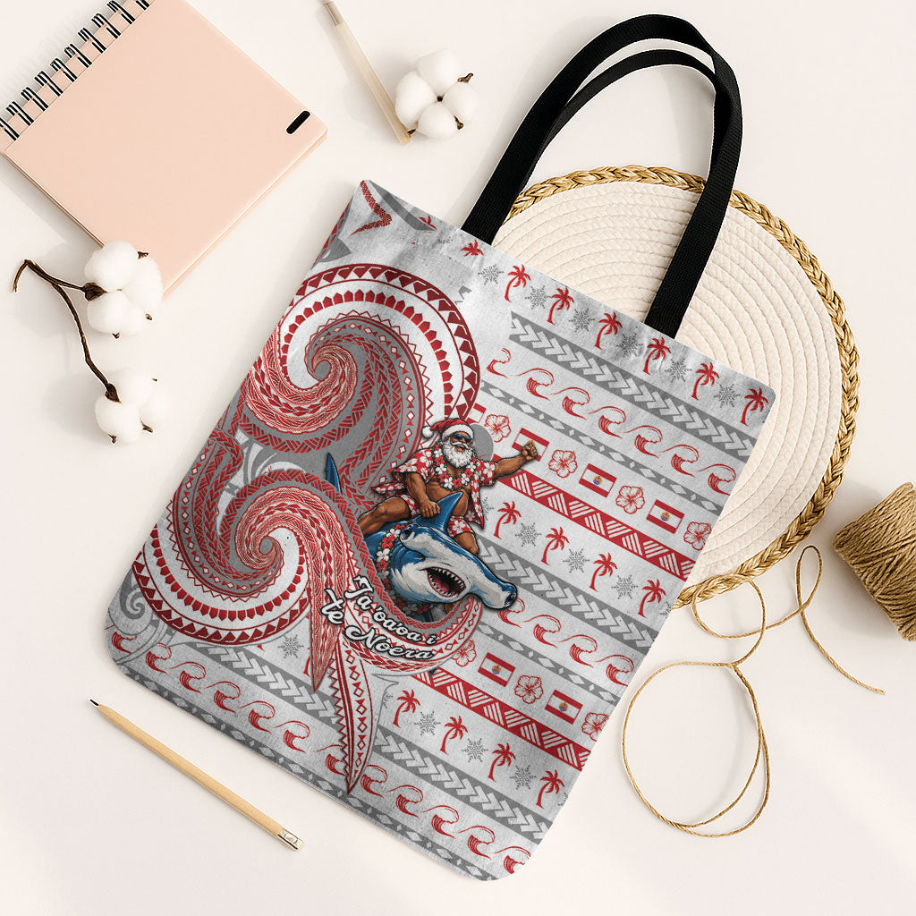 French Polynesian Christmas Tote Bag Santa Riding Hammerhead Shark Tahitian DT05 Black Strap One Size White - Polynesian Pride