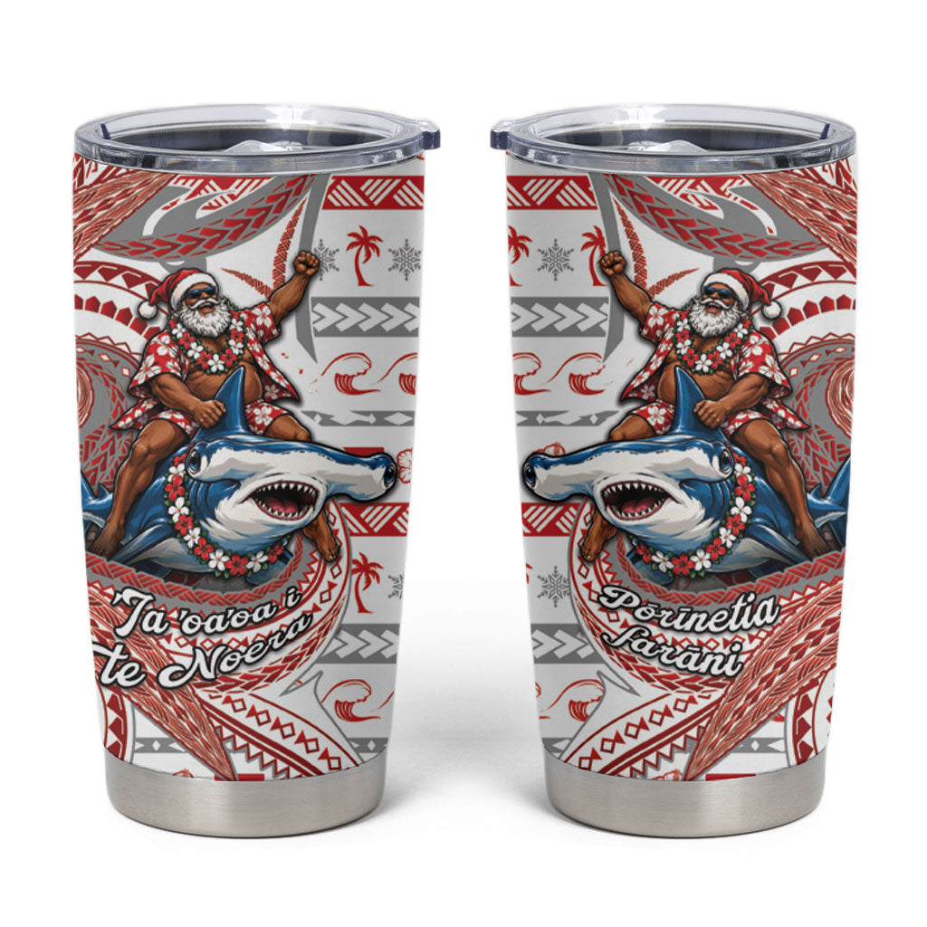 French Polynesian Christmas Tumbler Cup Santa Riding Hammerhead Shark Tahitian DT05 White - Polynesian Pride