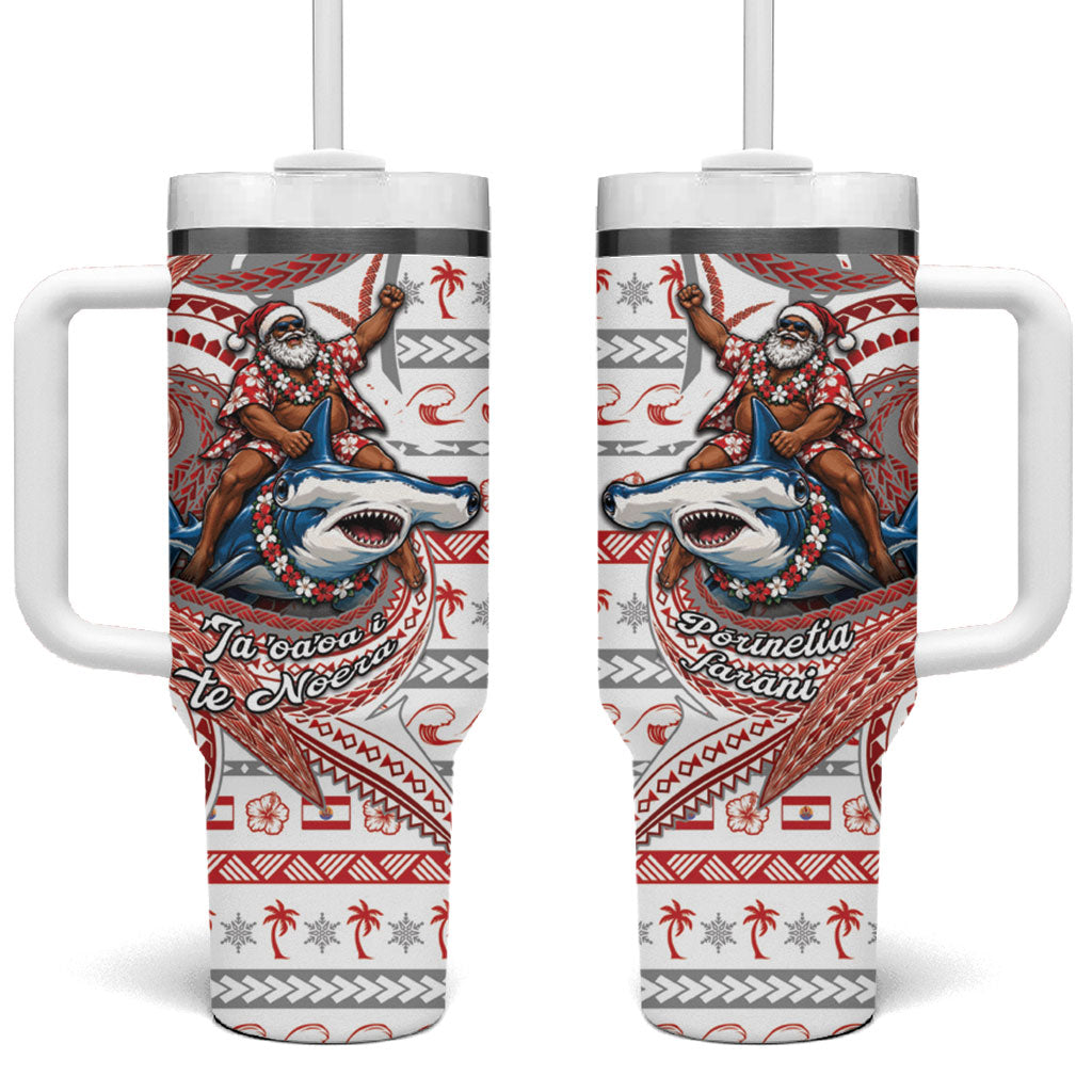 French Polynesian Christmas Tumbler With Handle Santa Riding Hammerhead Shark Tahitian DT05 One Size: 40 oz White - Polynesian Pride