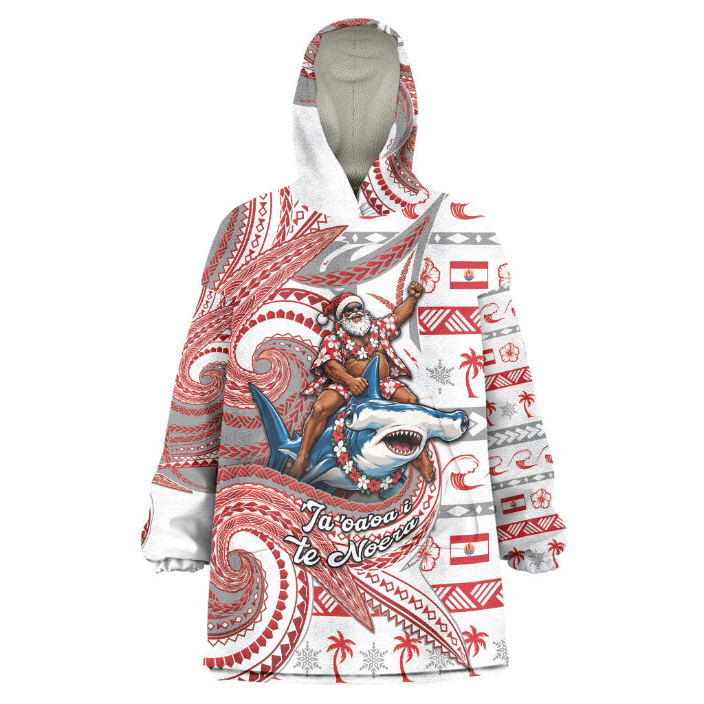 French Polynesian Christmas Wearable Blanket Hoodie Santa Riding Hammerhead Shark Tahitian DT05 One Size White - Polynesian Pride