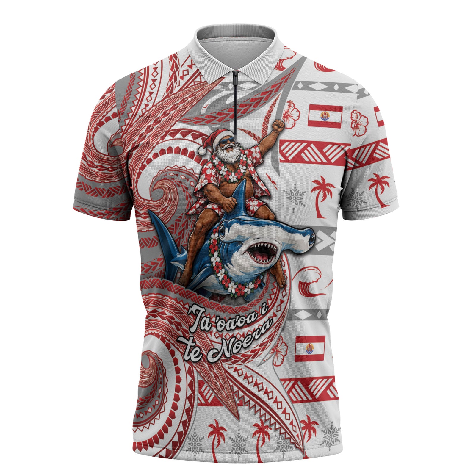 French Polynesian Christmas Zipper Polo Shirt Santa Riding Hammerhead Shark Tahitian DT05 White - Polynesian Pride