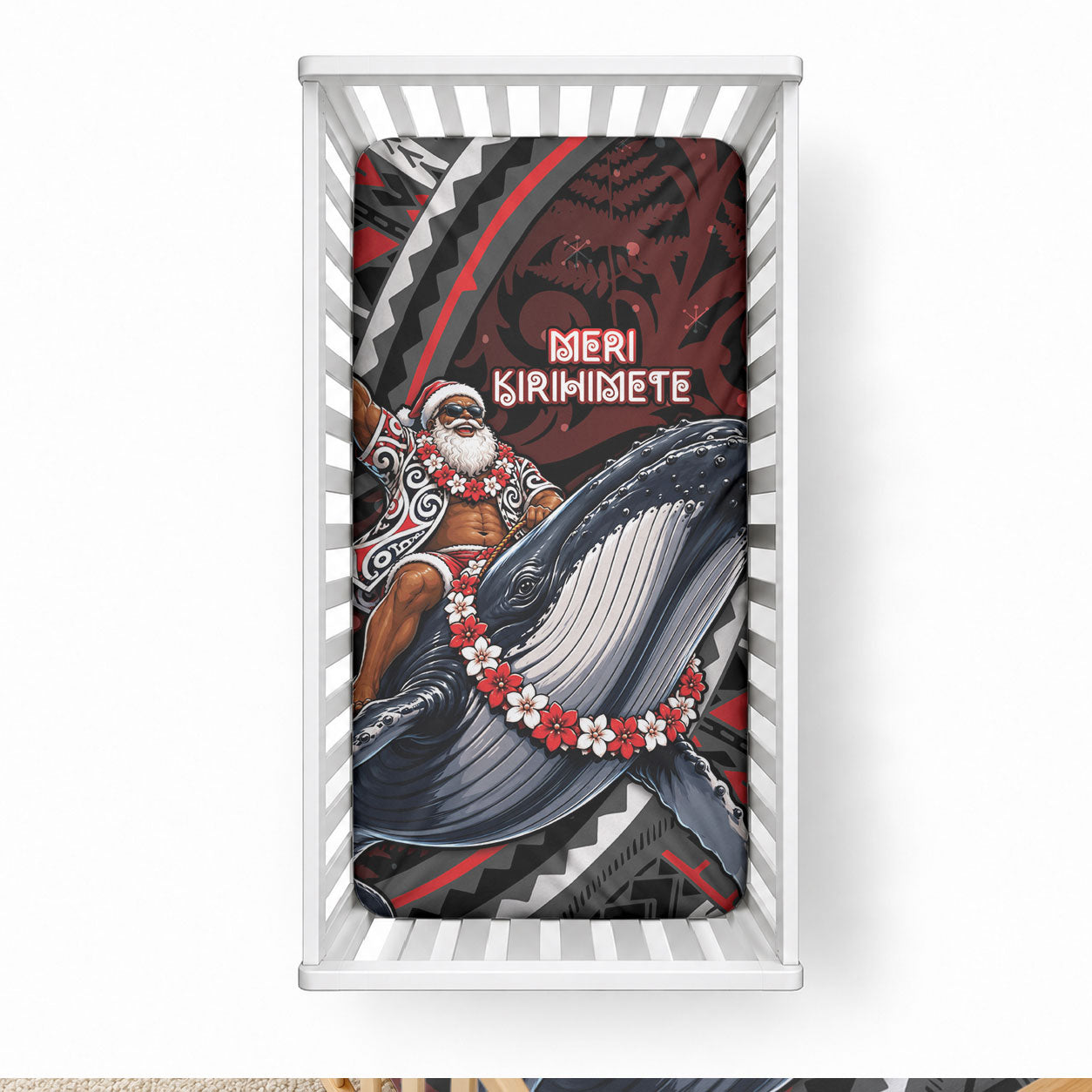 Aotearoa Christmas Baby Bed Cover Santa Riding Humpback Whale Maori Koru DT05 28 × 52 in Red - Polynesian Pride
