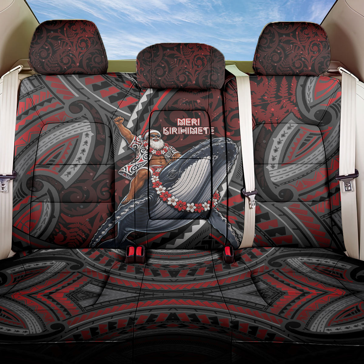 Aotearoa Christmas Back Car Seat Cover Santa Riding Humpback Whale Maori Koru DT05 One Size Red - Polynesian Pride