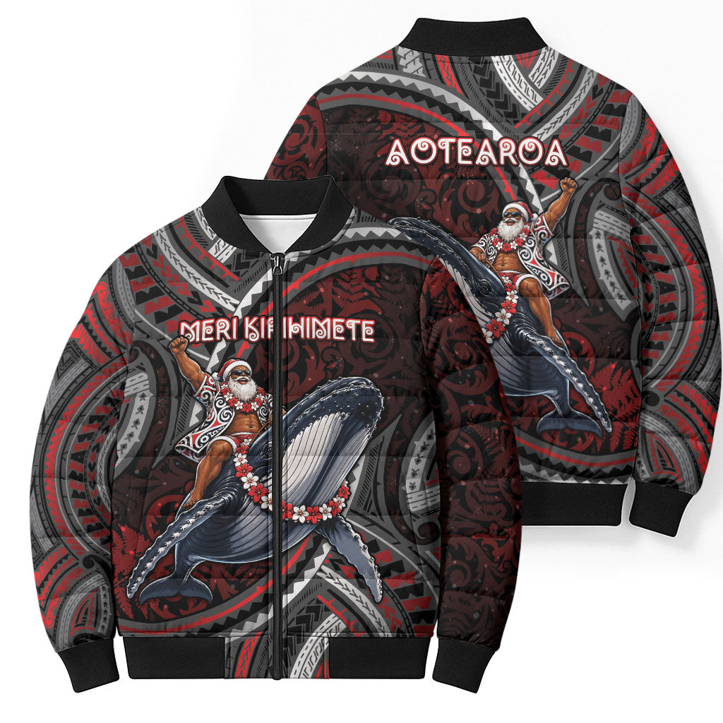 Aotearoa Christmas Bomber Puffer Jacket Santa Riding Humpback Whale Maori Koru DT05 - Polynesian Pride