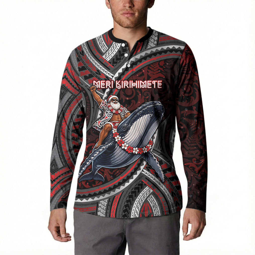 Aotearoa Christmas Button Sweatshirt Santa Riding Humpback Whale Maori Koru DT05 - Polynesian Pride