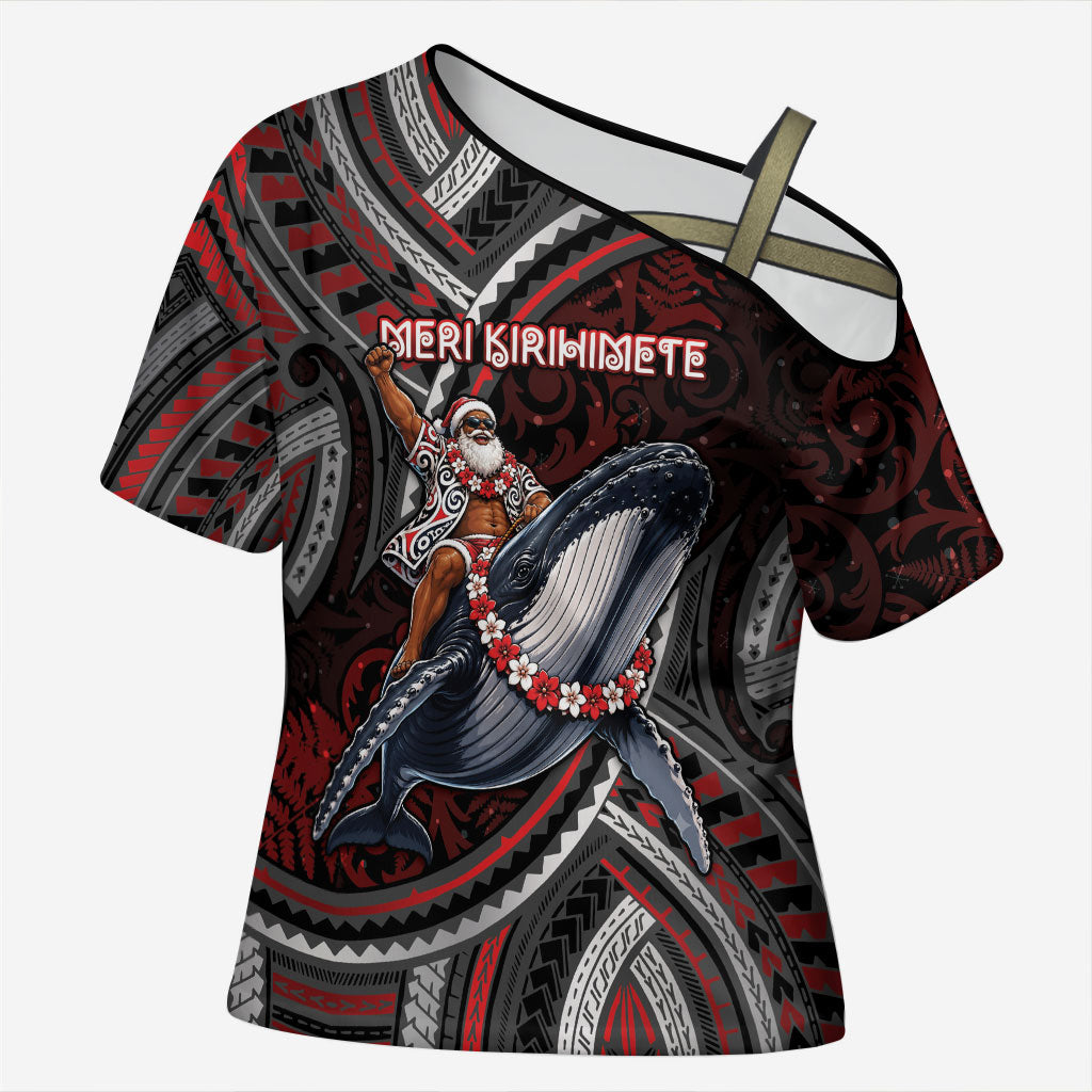 Aotearoa Christmas Cross Shoulder Shirt Santa Riding Humpback Whale Maori Koru DT05 Female Red - Polynesian Pride