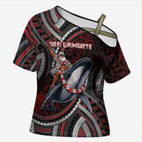 Aotearoa Christmas Cross Shoulder Shirt Santa Riding Humpback Whale Maori Koru DT05 Female Red - Polynesian Pride