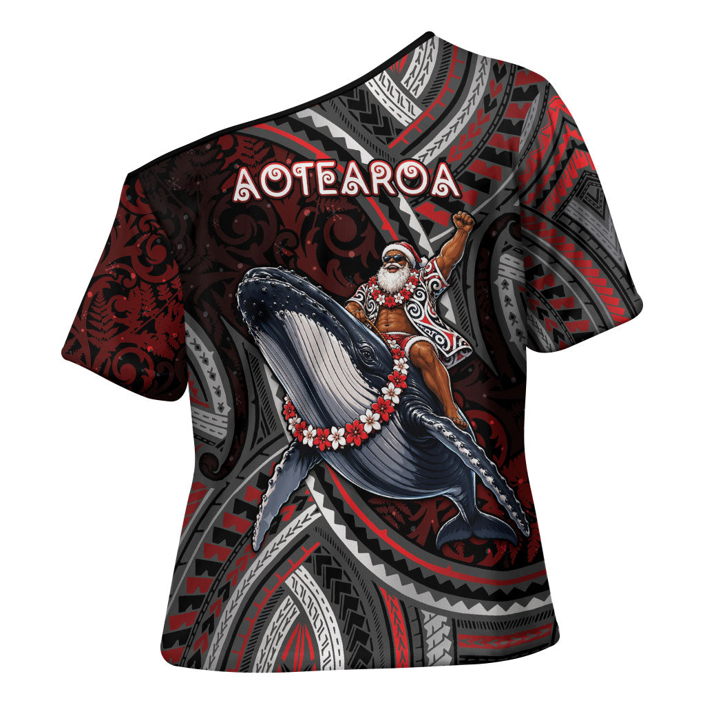 Aotearoa Christmas Cross Shoulder Shirt Santa Riding Humpback Whale Maori Koru DT05 - Polynesian Pride