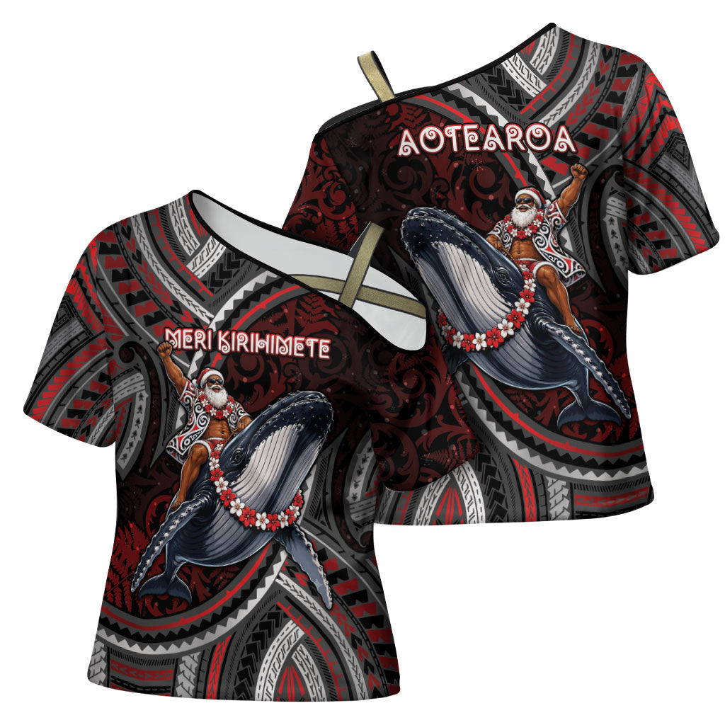 Aotearoa Christmas Cross Shoulder Shirt Santa Riding Humpback Whale Maori Koru DT05 - Polynesian Pride