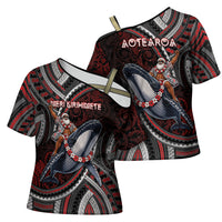 Aotearoa Christmas Cross Shoulder Shirt Santa Riding Humpback Whale Maori Koru DT05 - Polynesian Pride