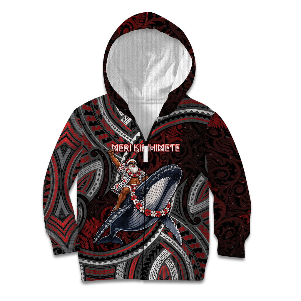 Aotearoa Christmas Kid Hoodie Santa Riding Humpback Whale Maori Koru DT05 Zip Hoodie Red - Polynesian Pride