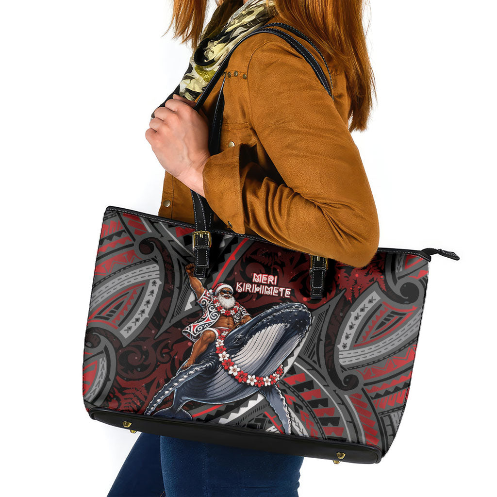 Aotearoa Christmas Leather Tote Bag Santa Riding Humpback Whale Maori Koru DT05 Red - Polynesian Pride