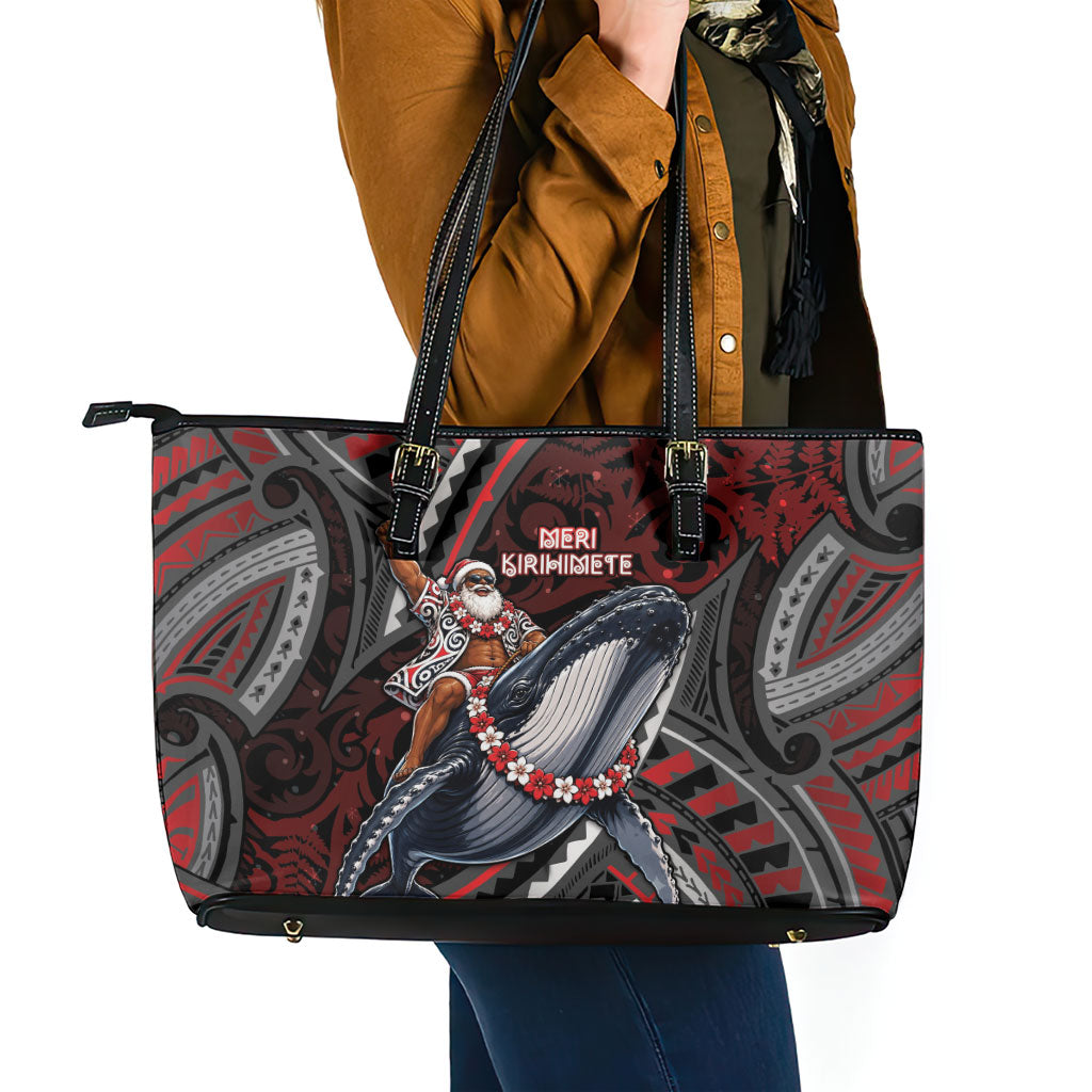 Aotearoa Christmas Leather Tote Bag Santa Riding Humpback Whale Maori Koru DT05 - Polynesian Pride