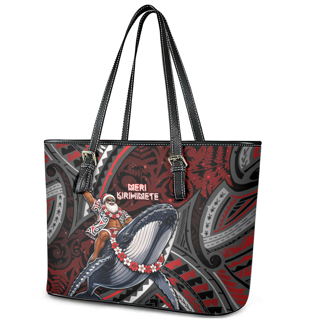 Aotearoa Christmas Leather Tote Bag Santa Riding Humpback Whale Maori Koru DT05 - Polynesian Pride