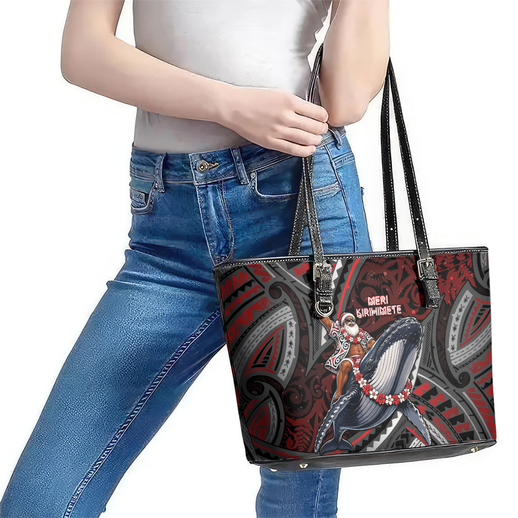 Aotearoa Christmas Leather Tote Bag Santa Riding Humpback Whale Maori Koru DT05 - Polynesian Pride