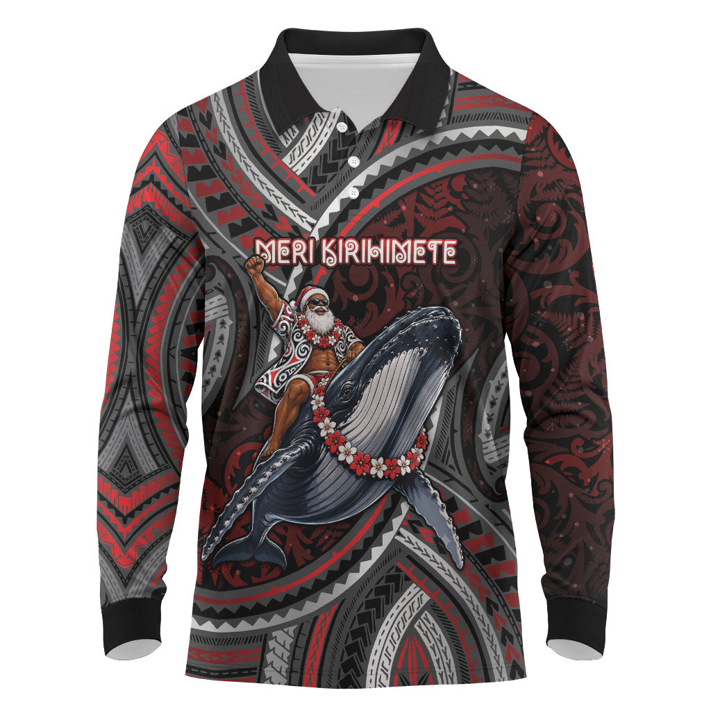 Aotearoa Christmas Long Sleeve Polo Shirt Santa Riding Humpback Whale Maori Koru DT05 Red - Polynesian Pride