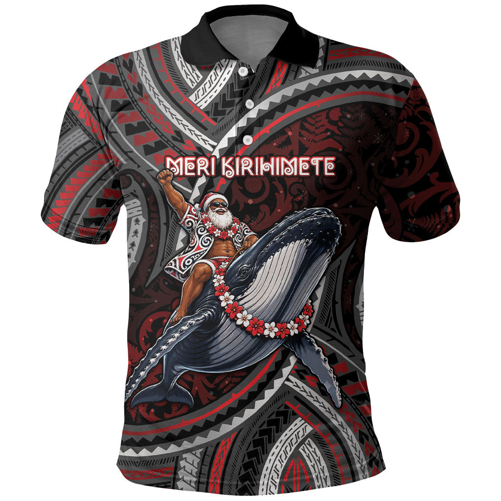Aotearoa Christmas Polo Shirt Santa Riding Humpback Whale Maori Koru DT05 Red - Polynesian Pride
