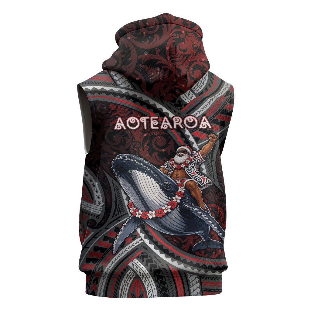 Aotearoa Christmas Sleeveless Zip Hoodie Santa Riding Humpback Whale Maori Koru DT05 - Polynesian Pride