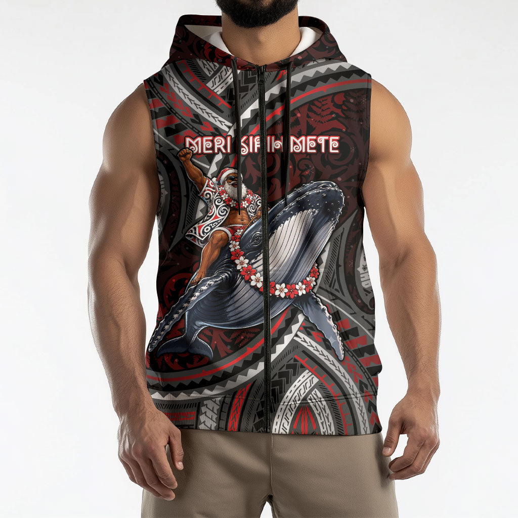 Aotearoa Christmas Sleeveless Zip Hoodie Santa Riding Humpback Whale Maori Koru DT05 - Polynesian Pride