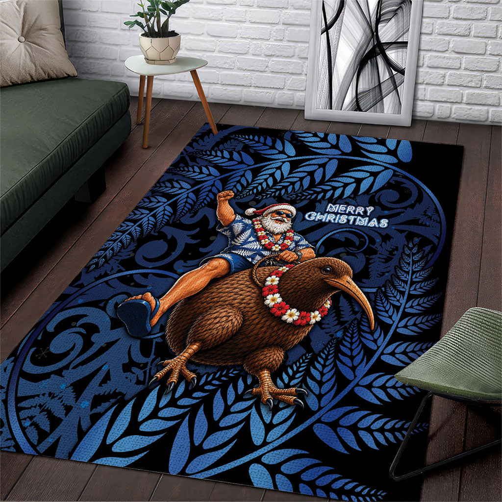 New Zealand Christmas Area Rug Santa Riding Kiwi Bird Silver Fern DT05 Navy - Polynesian Pride