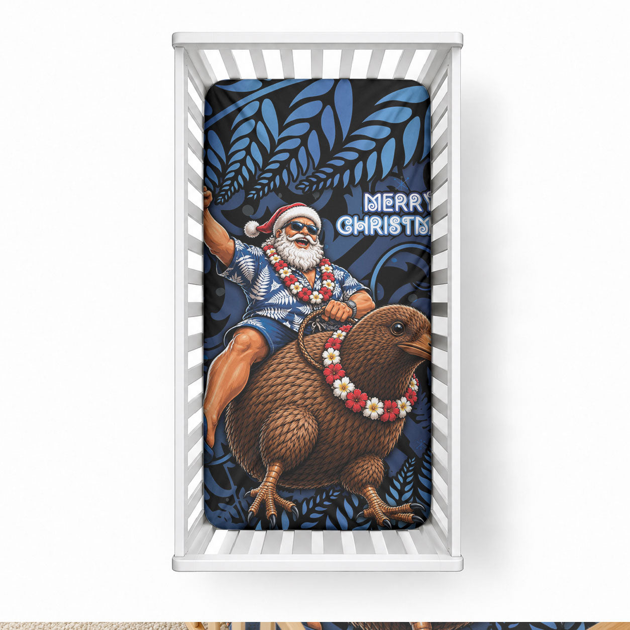 New Zealand Christmas Baby Bed Cover Santa Riding Kiwi Bird Silver Fern DT05 28 × 52 in Navy - Polynesian Pride