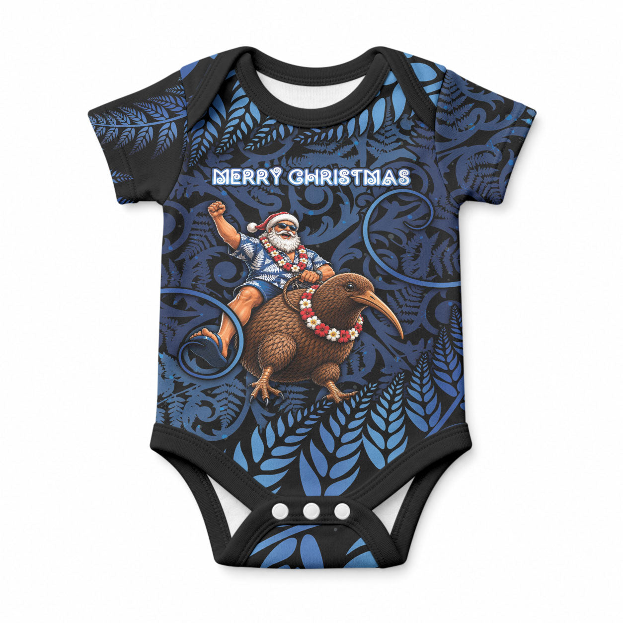 New Zealand Christmas Baby Onesie Santa Riding Kiwi Bird Silver Fern DT05 Navy - Polynesian Pride