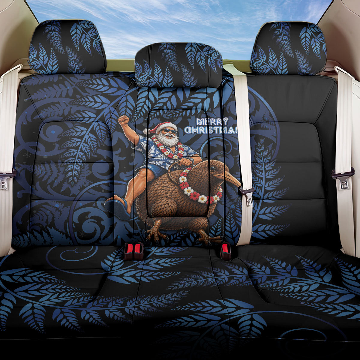 New Zealand Christmas Back Car Seat Cover Santa Riding Kiwi Bird Silver Fern DT05 One Size Navy - Polynesian Pride