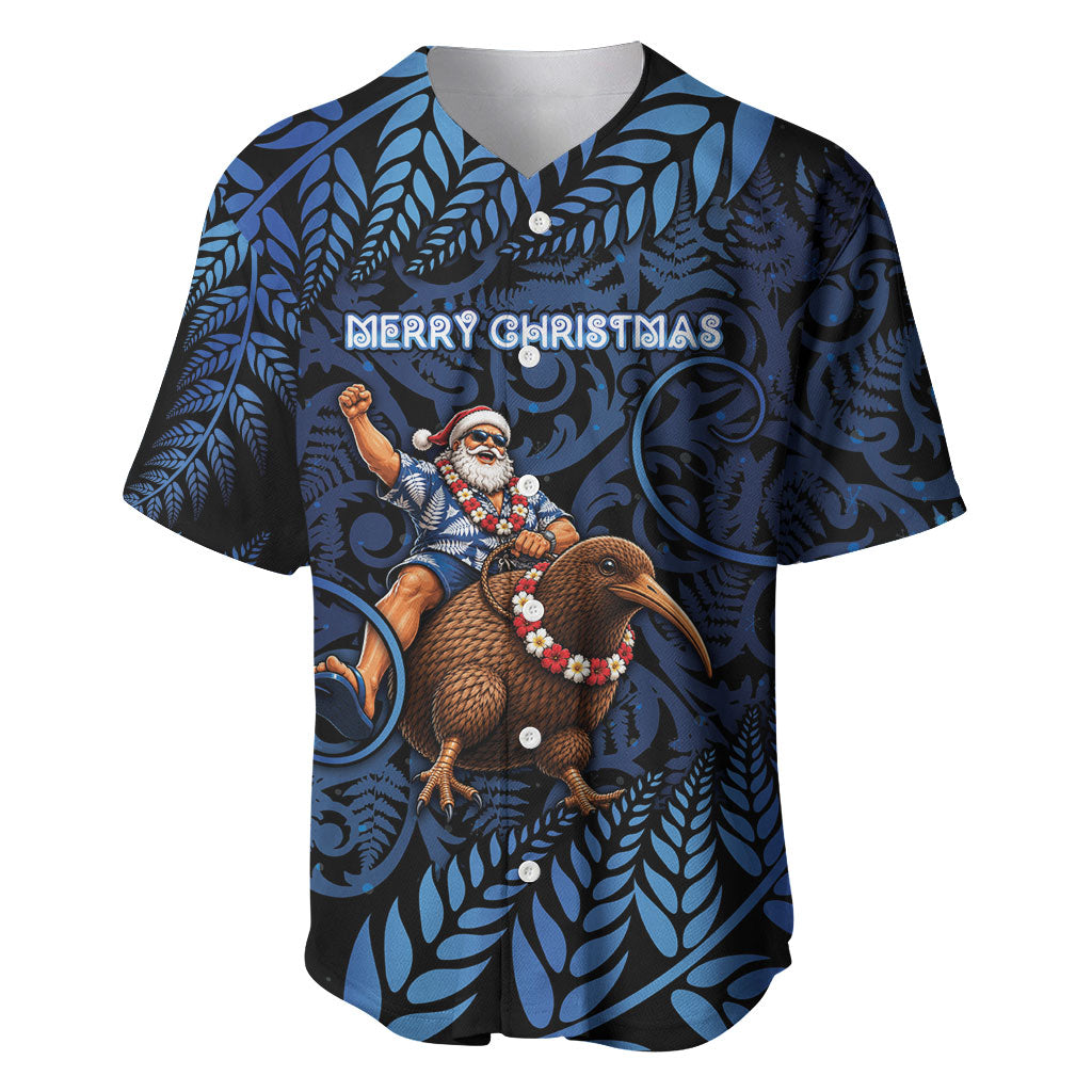New Zealand Christmas Baseball Jersey Santa Riding Kiwi Bird Silver Fern DT05 Navy - Polynesian Pride