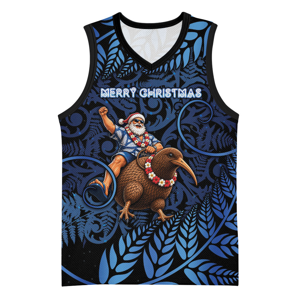 New Zealand Christmas Basketball Jersey Santa Riding Kiwi Bird Silver Fern DT05 Unisex Navy - Polynesian Pride