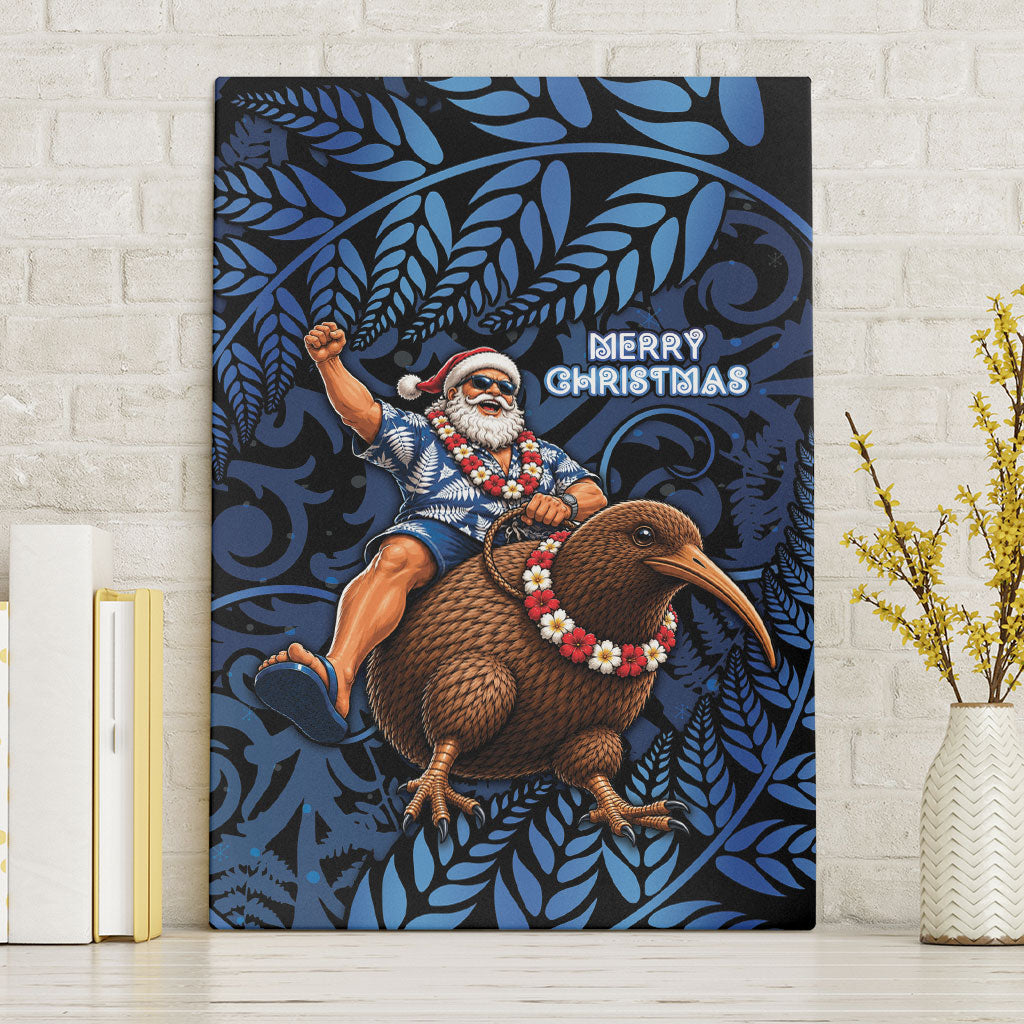New Zealand Christmas Canvas Wall Art Santa Riding Kiwi Bird Silver Fern DT05 Without Frame Navy - Polynesian Pride