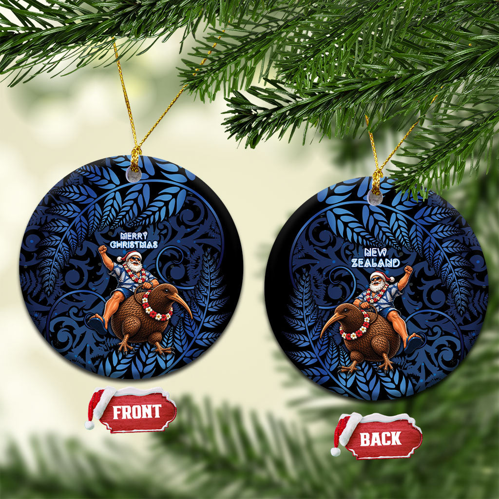 New Zealand Christmas Ceramic Ornament Santa Riding Kiwi Bird Silver Fern DT05 Circle Navy - Polynesian Pride