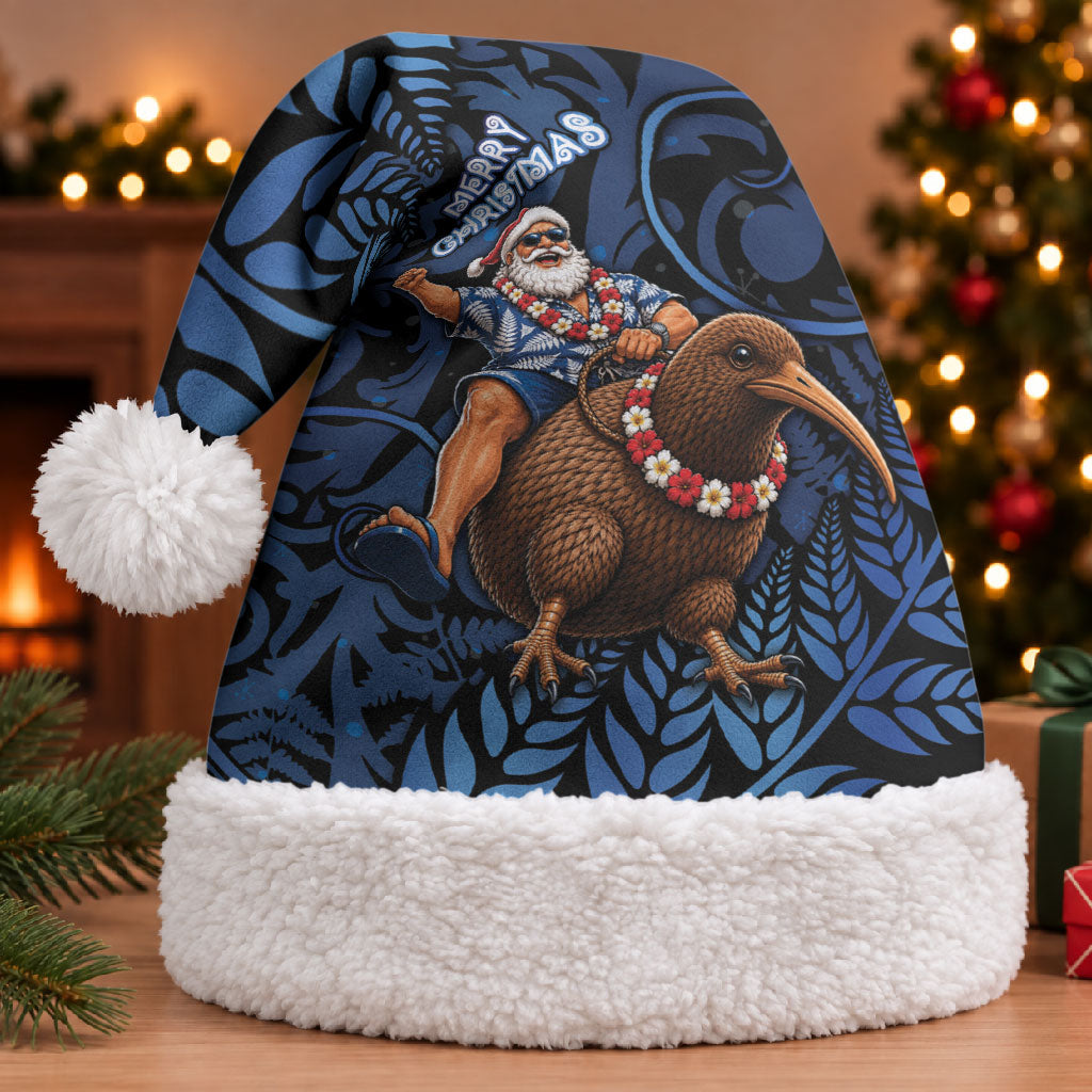 New Zealand Christmas Santa Hat Santa Riding Kiwi Bird Silver Fern DT05 With Fur Navy - Polynesian Pride