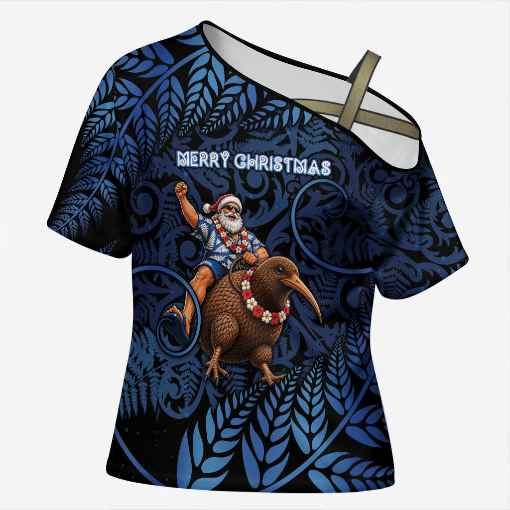 New Zealand Christmas Cross Shoulder Shirt Santa Riding Kiwi Bird Silver Fern DT05 Female Navy - Polynesian Pride