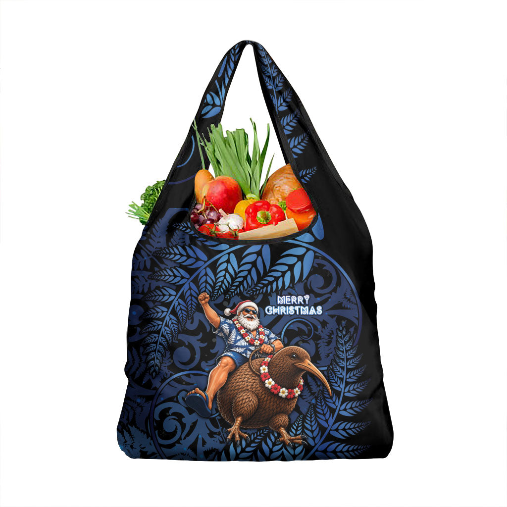 New Zealand Christmas Grocery Bag Santa Riding Kiwi Bird Silver Fern DT05 1-pack One Size Navy - Polynesian Pride
