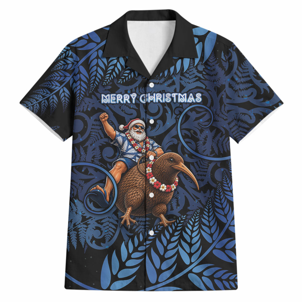 New Zealand Christmas Hawaiian Shirt Santa Riding Kiwi Bird Silver Fern DT05 Navy - Polynesian Pride