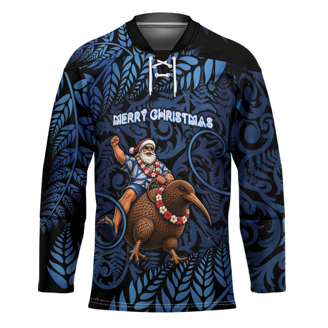 New Zealand Christmas Hockey Jersey Santa Riding Kiwi Bird Silver Fern DT05 Unisex Navy - Polynesian Pride