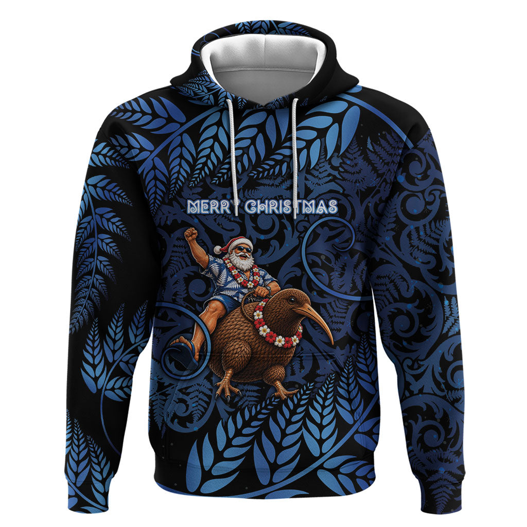 New Zealand Christmas Hoodie Santa Riding Kiwi Bird Silver Fern DT05 Pullover Hoodie Navy - Polynesian Pride