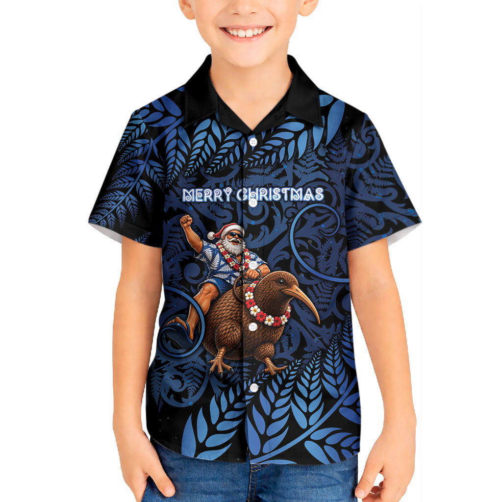 New Zealand Christmas Kid Hawaiian Shirt Santa Riding Kiwi Bird Silver Fern DT05 Kid Navy - Polynesian Pride