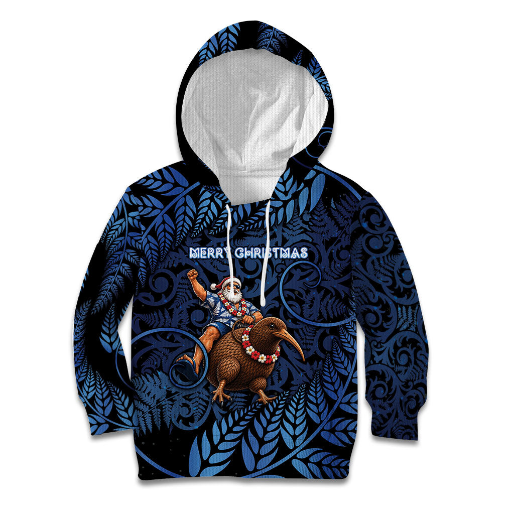 New Zealand Christmas Kid Hoodie Santa Riding Kiwi Bird Silver Fern DT05 Hoodie Navy - Polynesian Pride