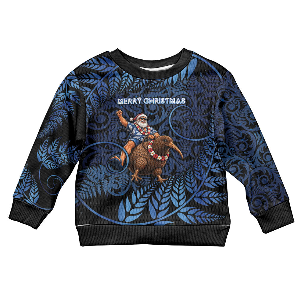 New Zealand Christmas Kid Ugly Christmas Sweater Santa Riding Kiwi Bird Silver Fern DT05 Kid Navy - Polynesian Pride