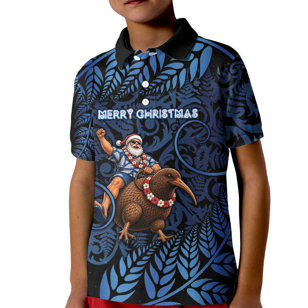 New Zealand Christmas Kid Polo Shirt Santa Riding Kiwi Bird Silver Fern DT05 Kid Navy - Polynesian Pride