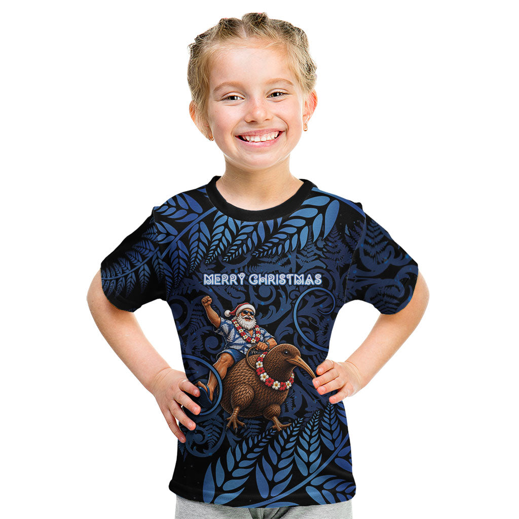New Zealand Christmas Kid T Shirt Santa Riding Kiwi Bird Silver Fern DT05 Navy - Polynesian Pride