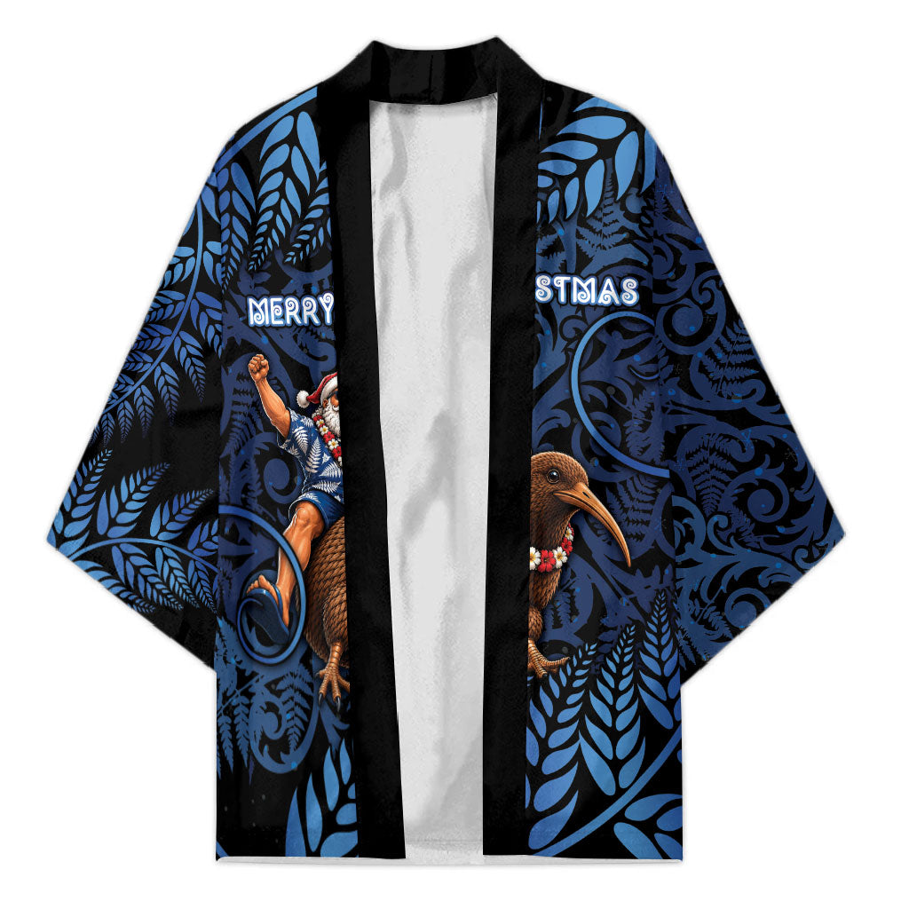 New Zealand Christmas Kimono Santa Riding Kiwi Bird Silver Fern DT05 Unisex Navy - Polynesian Pride